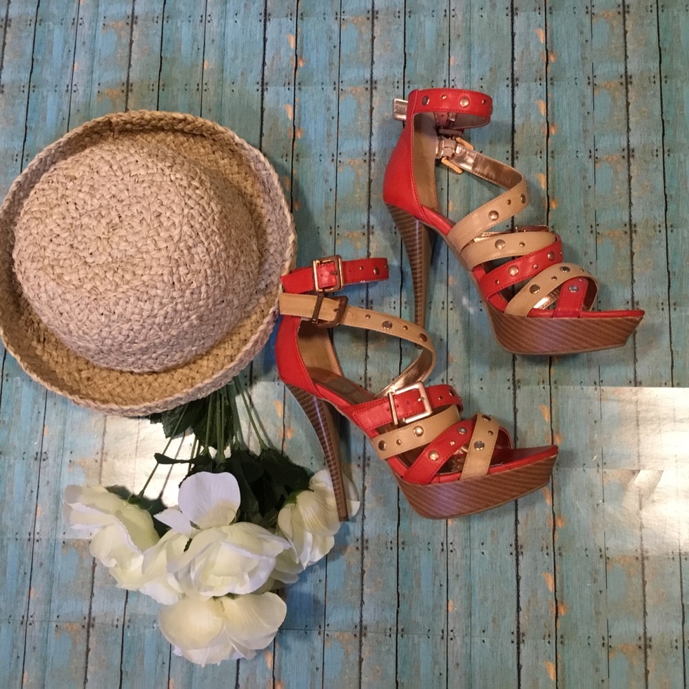 `Liliana Orange & Tan Strappy Heeled Sandals